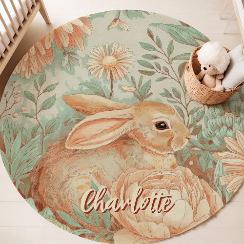 Spring Bunny Floral Custom Name Nursery Rug