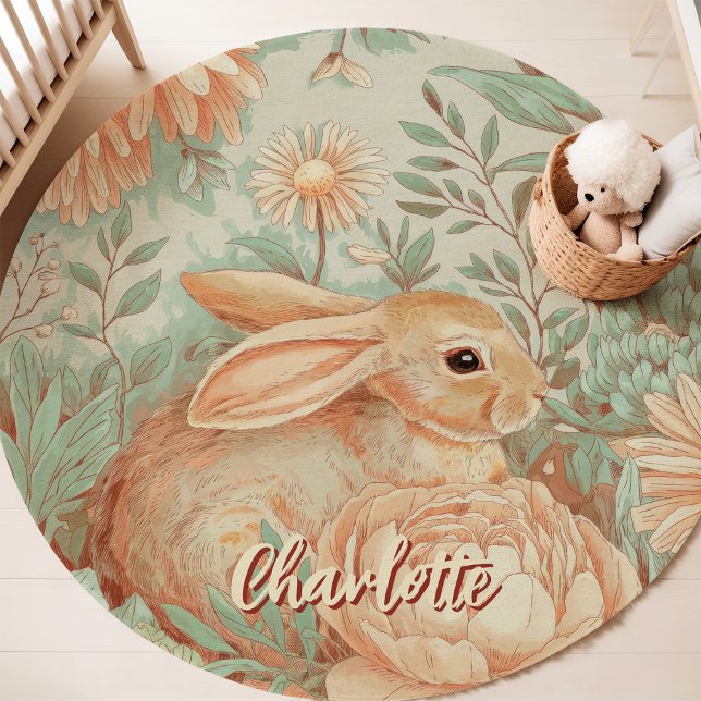 Spring Bunny Floral Custom Name Nursery Rug (Creator Uploaded)