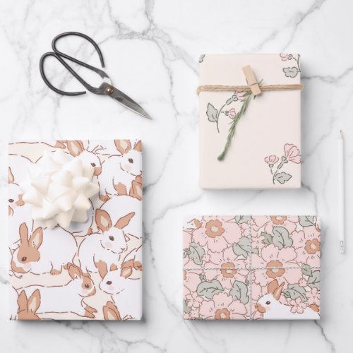 Spring Bunny Floral Easter Theme Wrapping Paper Sheets