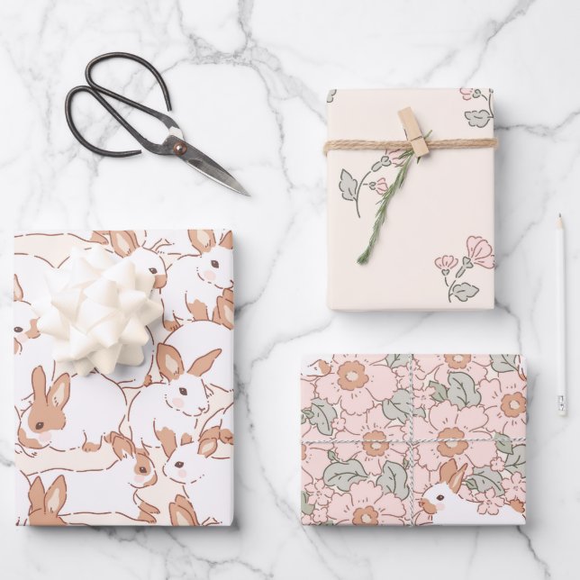Spring Bunny Floral Easter Theme Wrapping Paper Sheets (Front)