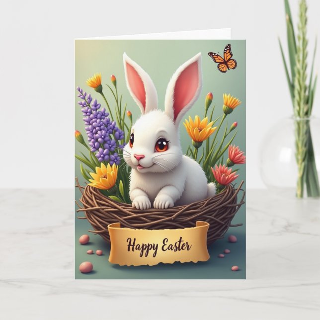 Spring Bunny Floral Nest Greeting Card (Front)