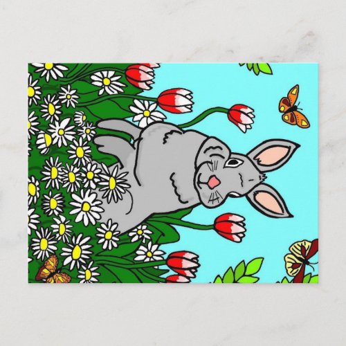 Spring Bunny in a Garden of Flowers Postcard