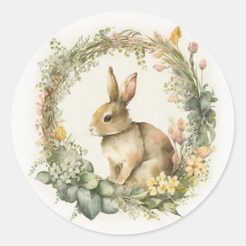 Spring Bunny In Floral Wreath Classic Round Sticker