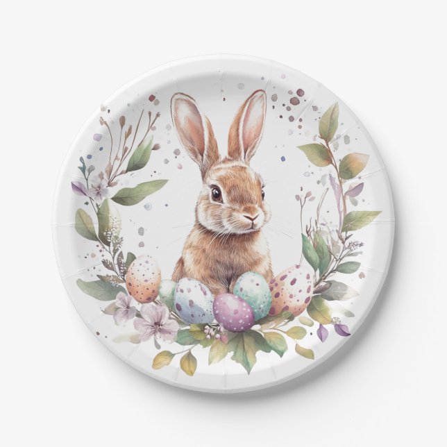 Spring Bunny Pastel Easter Egg Wreath Paper Plates (Front)