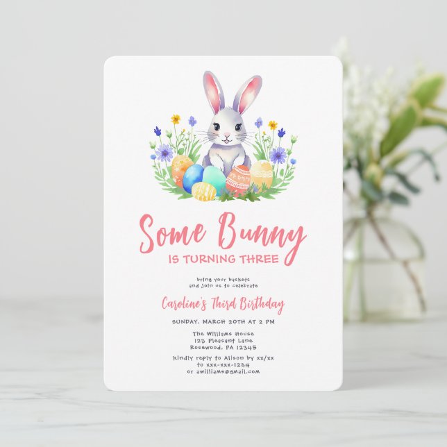 Spring Bunny Rabbit Easter Third Birthday Invitation (Standing Front)