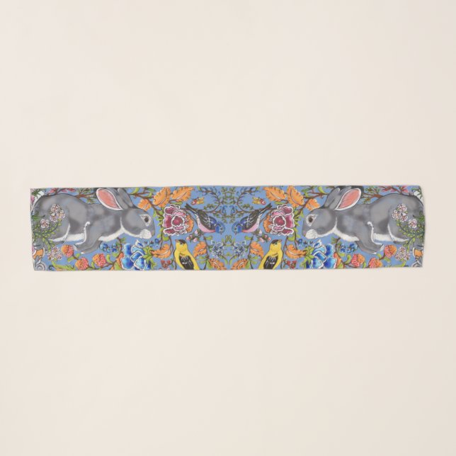Spring Bunny Rabbit Floral Blue Pretty Pastel Art Scarf (Front (Horizontal))