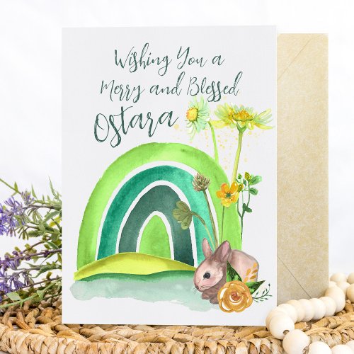 Spring Bunny Rainbow Ostara Floral Pagan Holiday Card