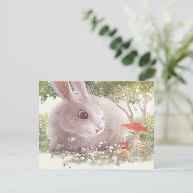 Spring Bunny: Realistic Rabbit in Flower Garden Ar Announcement Postcard (Standing Front)