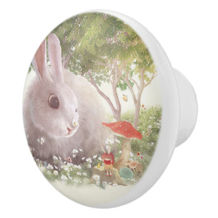 Spring Bunny: Realistic Rabbit in Flower Garden Ar Ceramic Knob