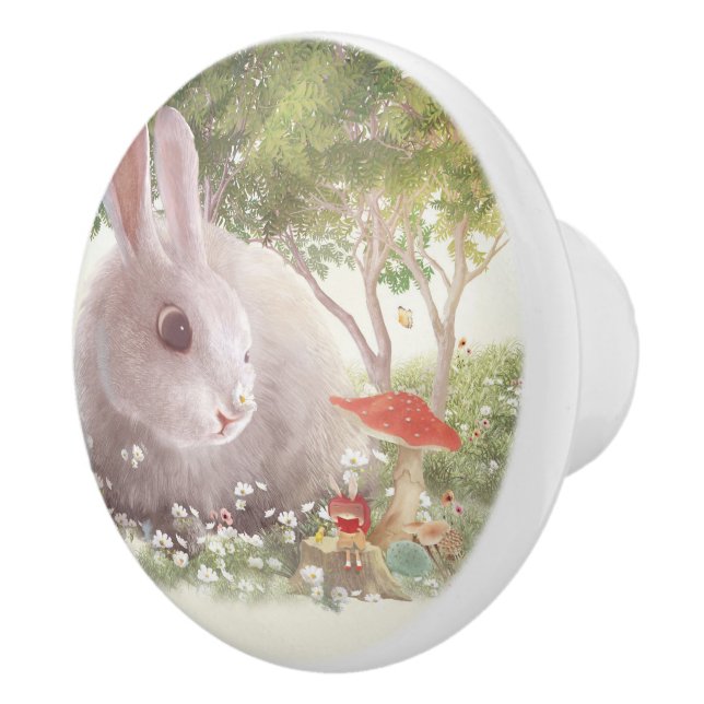Spring Bunny: Realistic Rabbit in Flower Garden Ar Ceramic Knob (Right)