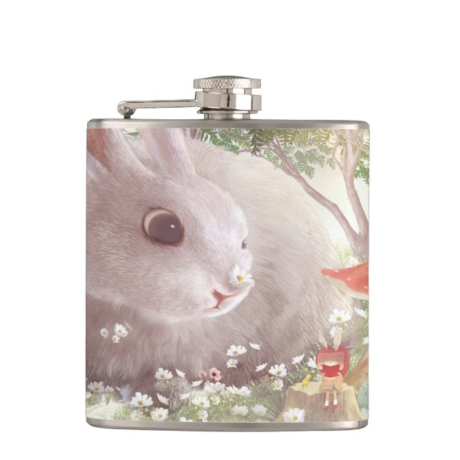 Spring Bunny: Realistic Rabbit in Flower Garden Ar Flask (Front)