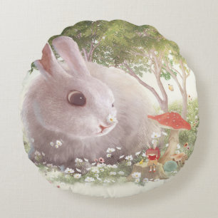 Spring Bunny: Realistic Rabbit in Flower Garden Ar Round Pillow