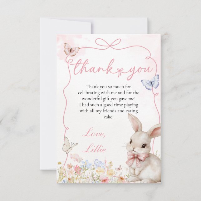 Spring Bunny with Butterflies and Ribbon Bow Frame Thank You Card (Front)