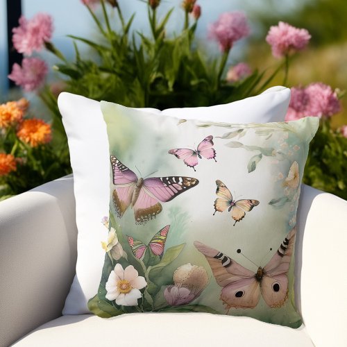 Spring Butterflies and Flowers Watercolor Throw Pillow
