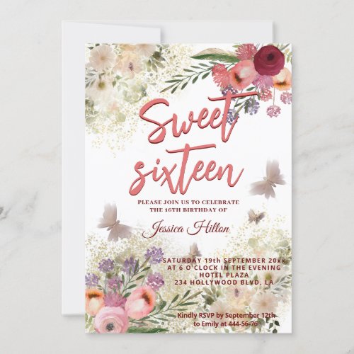 Spring Butterfly floral garden sweet sixteen  Invitation