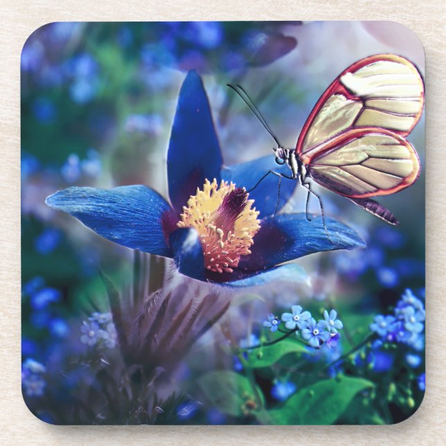 Spring Butterfly on Blue Flower Beverage Coaster (Front)