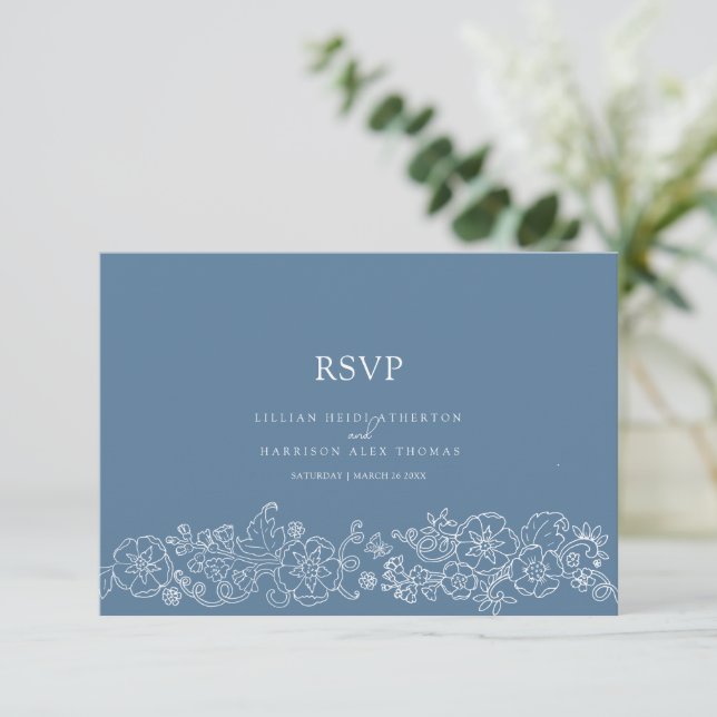 Spring butterfly wedding meal option mid blue gray RSVP card (Standing Front)