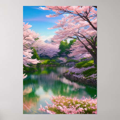Spring by The River, Cherry Blossom Paradise Poster | Zazzle