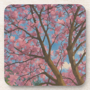 Spring Canopy – Blossom Tree & Blue Sky Painting Beverage Coaster
