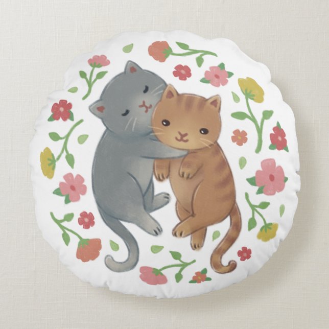 Spring Cats & Flowers Illustration Round Pillow (Front)