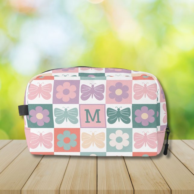Spring checkered flower butterfly custom monogram dopp kit (Creator Uploaded)