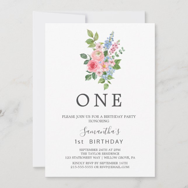 Spring Cherry Blossom First Birthday Party  Invitation