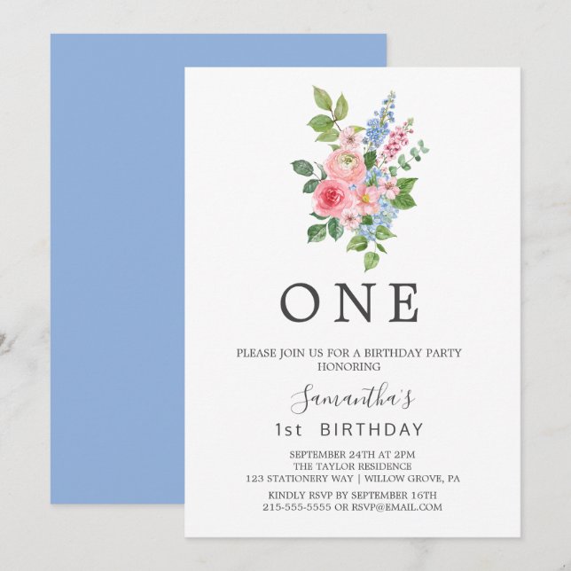 Spring Cherry Blossom First Birthday Party  Invitation (Front/Back)