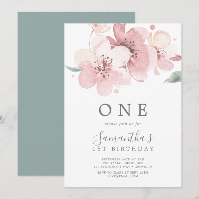 Spring Cherry Blossom First Birthday Party Invitation (Front/Back)