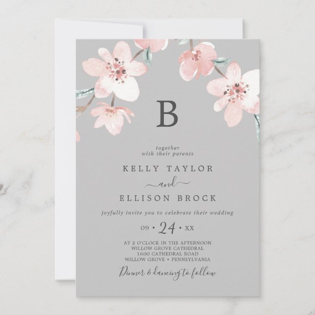 Spring Cherry Blossom | Gray Monogram Wedding Invitation (Front)