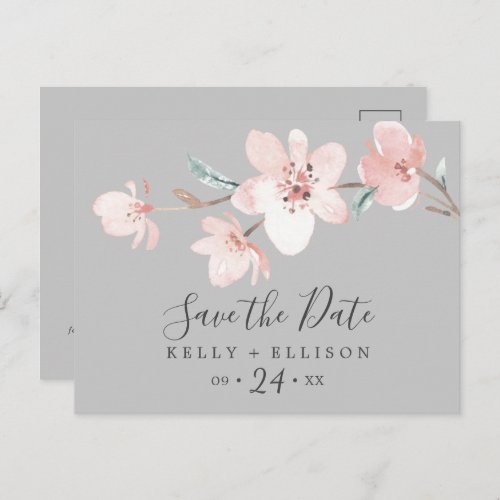 Spring Cherry Blossom Gray Save the Date Postcard