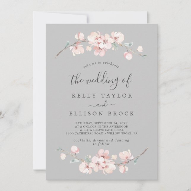 Spring Cherry Blossom | Gray The Wedding Of Invitation (Front)