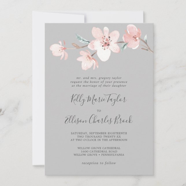 Spring Cherry Blossom | Gray Traditional Wedding Invitation (Front)