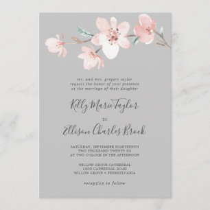 Spring Cherry Blossom Gray Traditional Wedding Invitation
