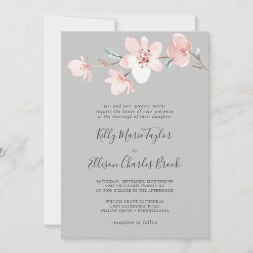 Spring Cherry Blossom  Gray Traditional Wedding Invitation