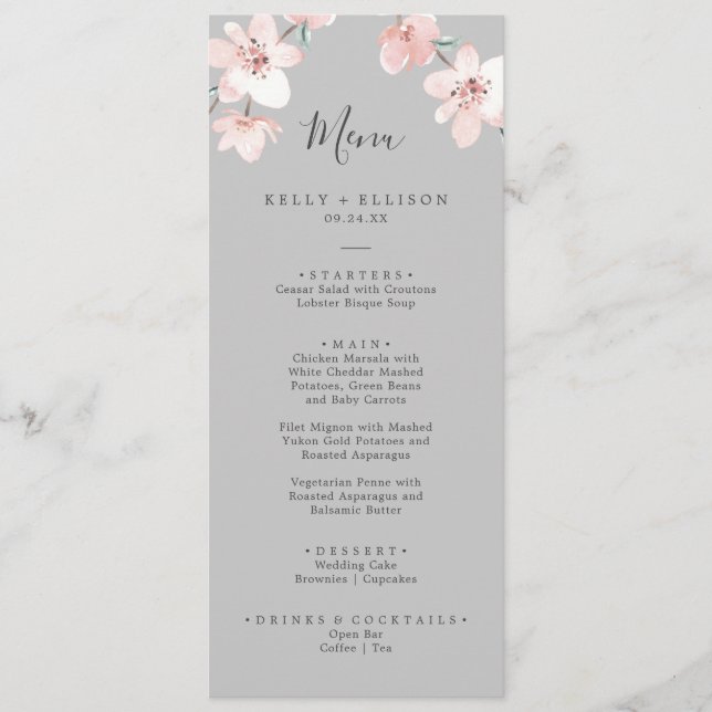 Spring Cherry Blossom | Gray Wedding Dinner Menu (Front)