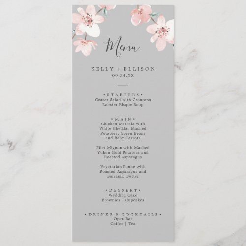 Spring Cherry Blossom  Gray Wedding Dinner Menu