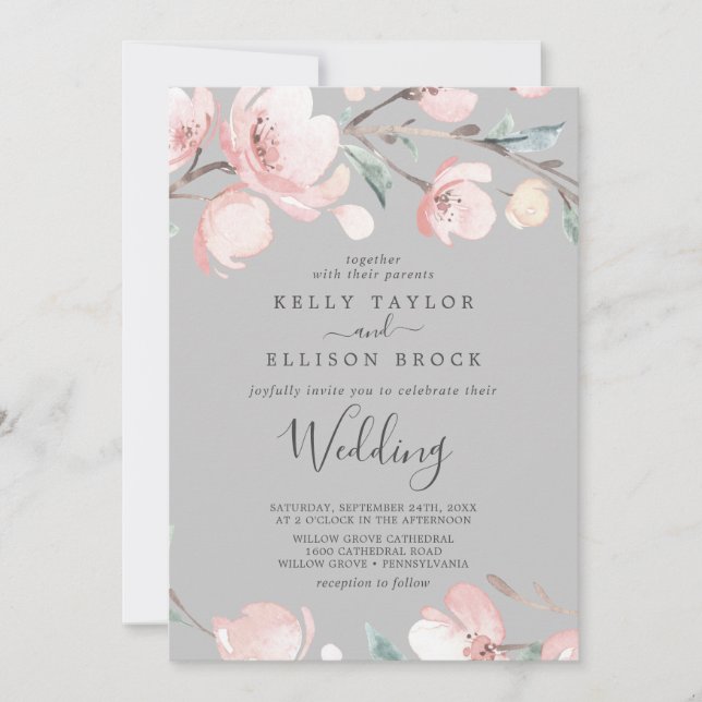 Spring Cherry Blossom | Gray Wedding Invitation (Front)