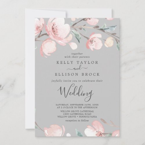 Spring Cherry Blossom  Gray Wedding Invitation
