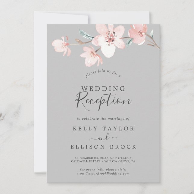 Spring Cherry Blossom | Gray Wedding Reception Invitation (Front)