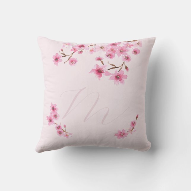 Spring Cherry Blossom Monogram Bridesmaid Gift Throw Pillow (Back)