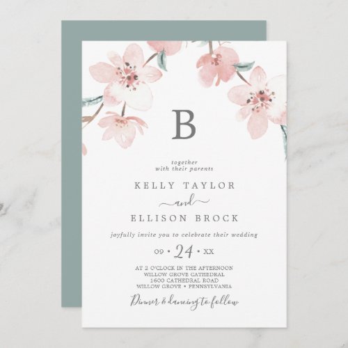 Spring Cherry Blossom Monogram Wedding Invitation