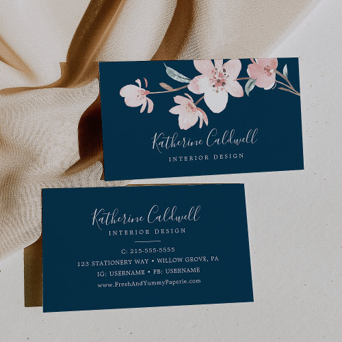 Spring Cherry Blossom | Navy Business Card