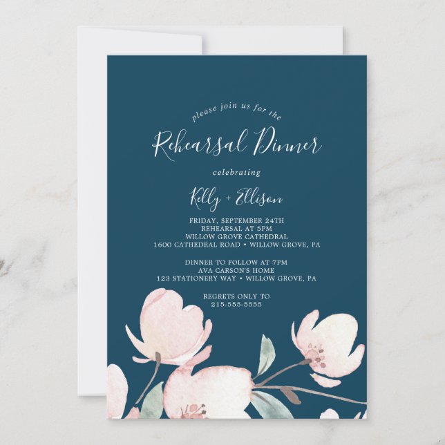 Spring Cherry Blossom | Navy Rehearsal Dinner Invitation (Front)