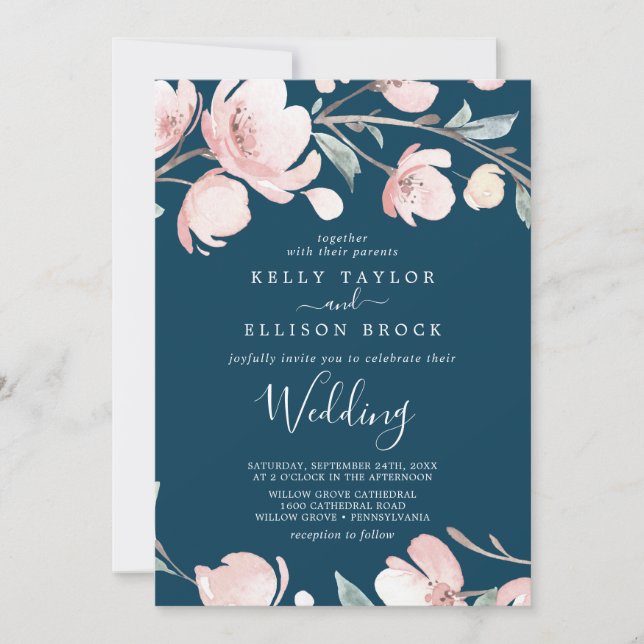 Spring Cherry Blossom | Navy Wedding Invitation (Front)