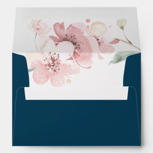 Spring Cherry Blossom  Navy Wedding Invitation Envelope