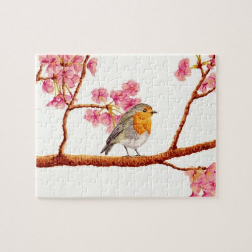 Spring Cherry Blossom Robin Bird Jigsaw Puzzle