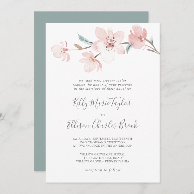 Spring Cherry Blossom Traditional Wedding Invitation (Front/Back)