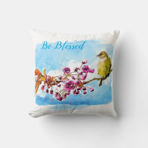 Spring Cherry Blossoms and Finch Pillow