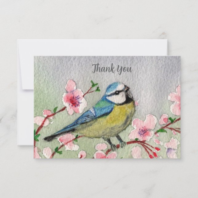  Spring Cherry Blossoms Blue Bird Thank You Card (Front)