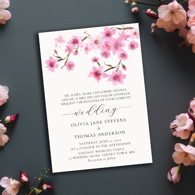 Spring Cherry Blossoms Both Parents Names Wedding Invitation (Creator Uploaded)